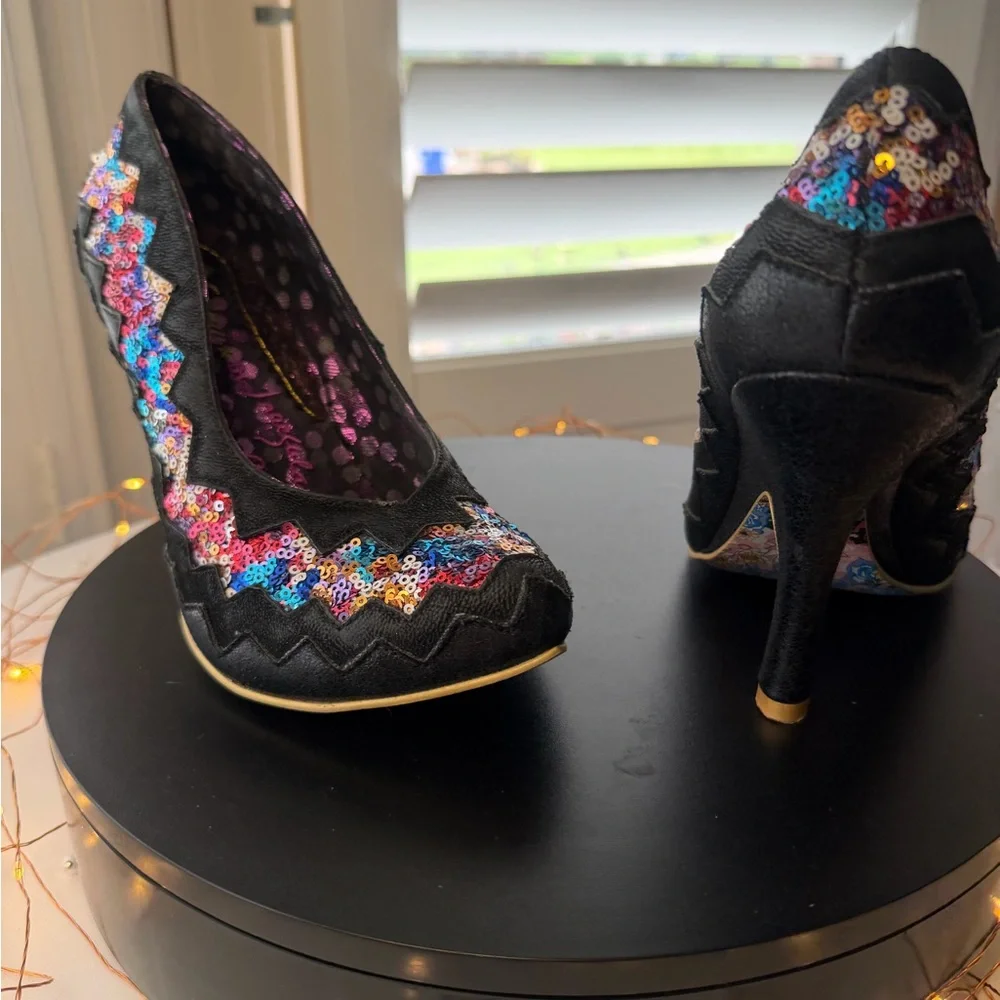 Poetic License by Irregular Choice Women's Black Sequin Zigzag High Heels, 39/8 - Picture 9 of 14
